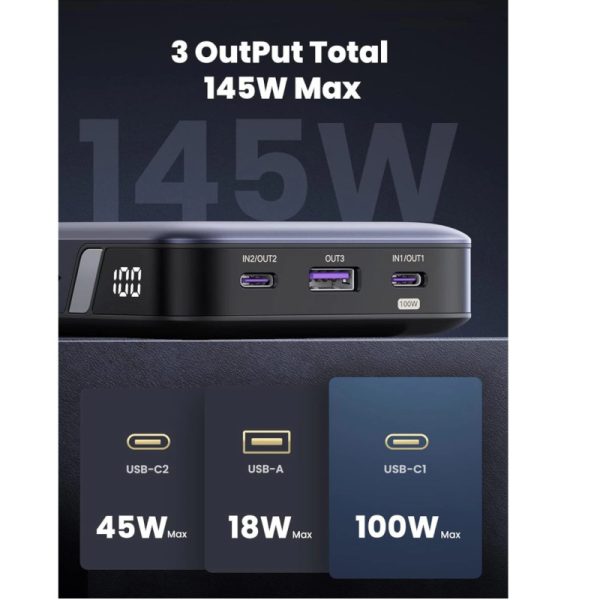 UGREEN prijenosni punjač (Powerbank) 25000mAh, 145W brzo punjenje, 2×USB-C+1×USB-A, PD 3.0+QC 3.0, sivi