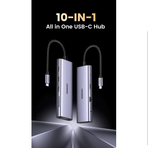 UGREEN 10-portni USB-C HUB 3×USB-A 3.0, 1xUSB- C PD, VGA, 4K, HDMI, 1xG-LAN, 1xSD, 1xTF, 3.5mm, sivi