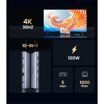UGREEN 10-portni USB-C HUB 3×USB-A 3.0, 1xUSB- C PD, VGA, 4K, HDMI, 1xG-LAN, 1xSD, 1xTF, 3.5mm, sivi - Slika 2