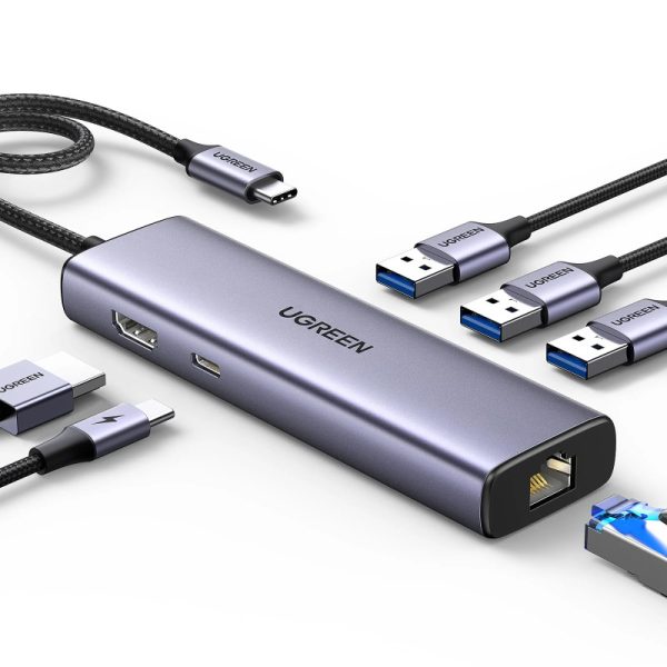 UGREEN 6-portni USB-C HUB USB-C 3×USB-A 3.0, 1×HDMI,1×RJ45,1×USB-C PD, sivi