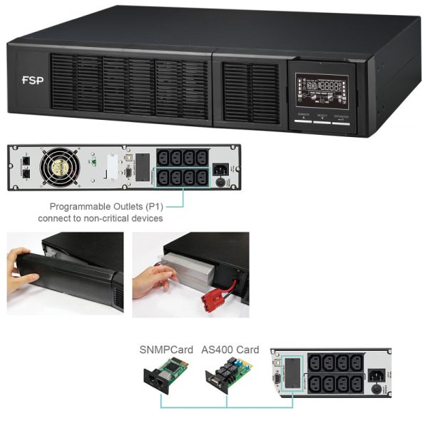 Fortron Source UPS Clippers Rack/Tower 2000VA/2000W, On-line double conversion, USB, RS-232, EPO, 8×C13, 4×9Ah, LCD