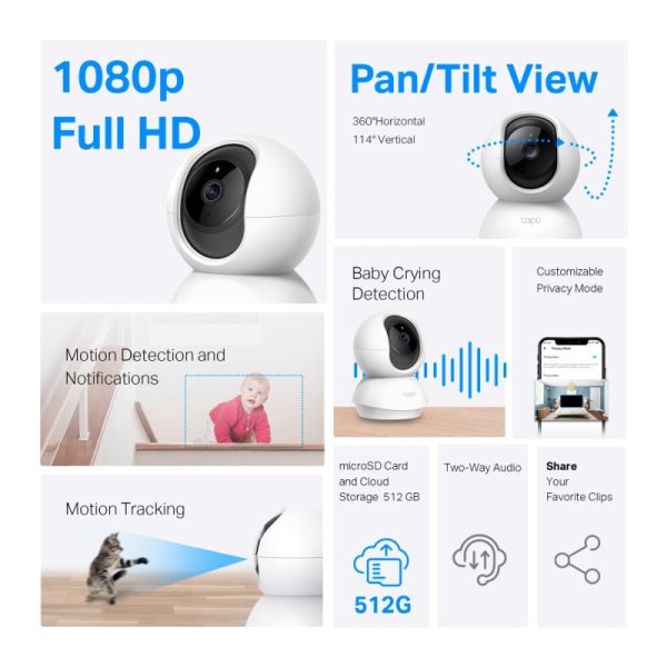 TP-Link Tapo C200 kamera FHD, H.264, 360°/114° Pan/Tilt, Advanced Night Vision, microSD, dvosmjerni audio, detekcija pokreta, Wi-Fi, Tapo app