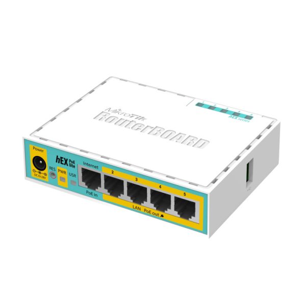Mikrotik RB750UPr2, hEX PoE lite, 650MHz CPU, 64MB RAM, 5xLAN, (4×PoE izlaz), USB, RouterOS L4, plastično kućište, PSU