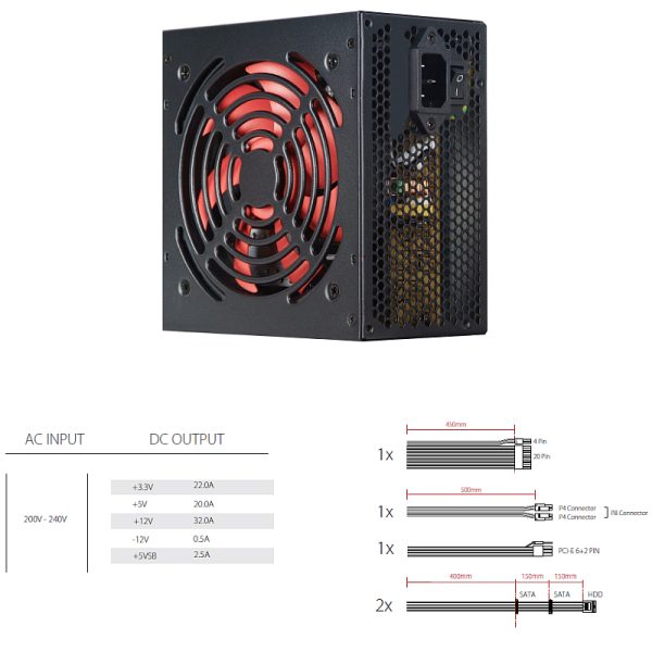 Xilence 500W RedWing R7 Edition, ATX 2.3.1, pasivan PFC, 1×PCIe, 4×SATA, 20+4-pina, 120mm ventilator, crno