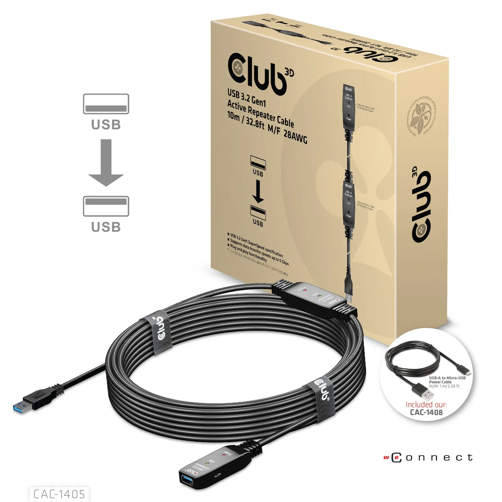 210326091052200701900060A Club 3D USB 3.2 Gen1 aktives Kabel 10m St./B. 28AWG schwarz - Slika 1