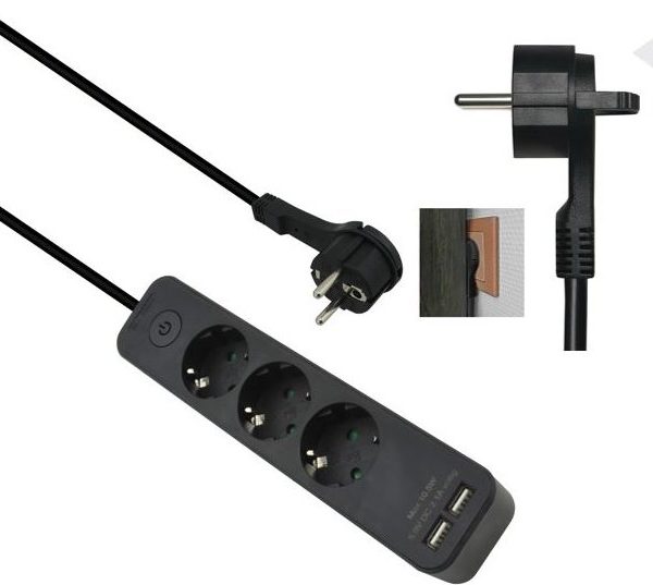 helos Steckdosenleiste ADVANCED, 3-fach, USB-Charger schwarz, 1,5m, mit Schalter
