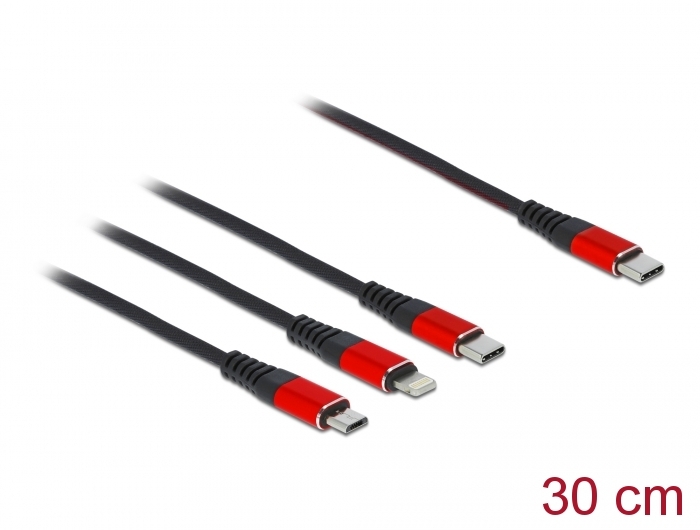 318281 Delock USB Ladekabel 3 in 1 USB Type-C zu Lightning/Micro USB/USB Type-C 30 cm - Slika 1