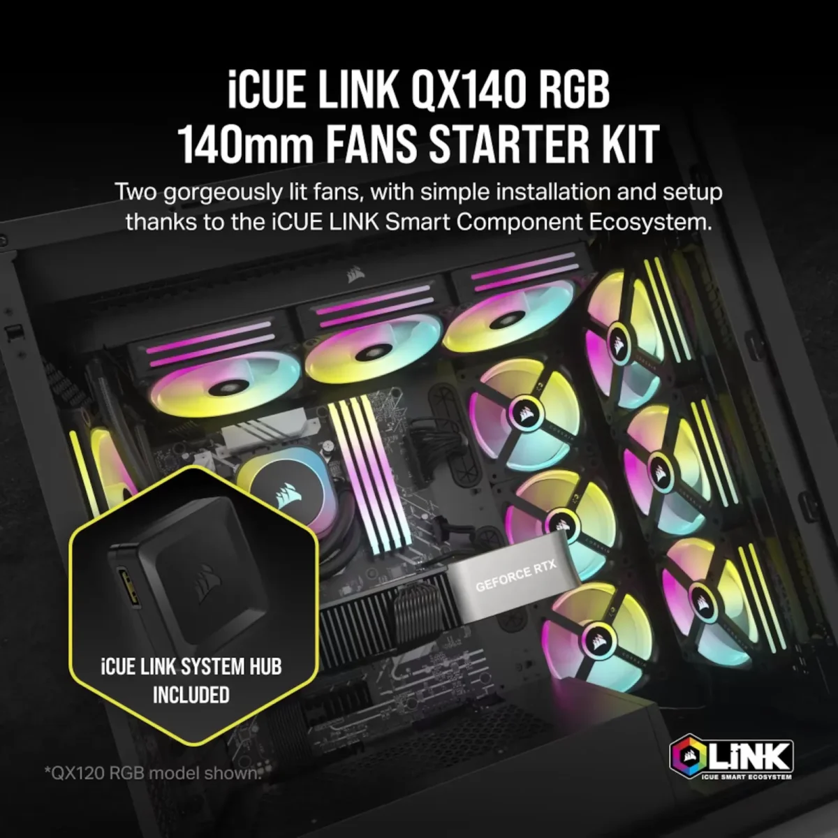 Corsair iCUE LINK QX140 RGB Starter Kit, schwarz, LED-Steuerung, 140mm, 2er-Pack - Slika 2