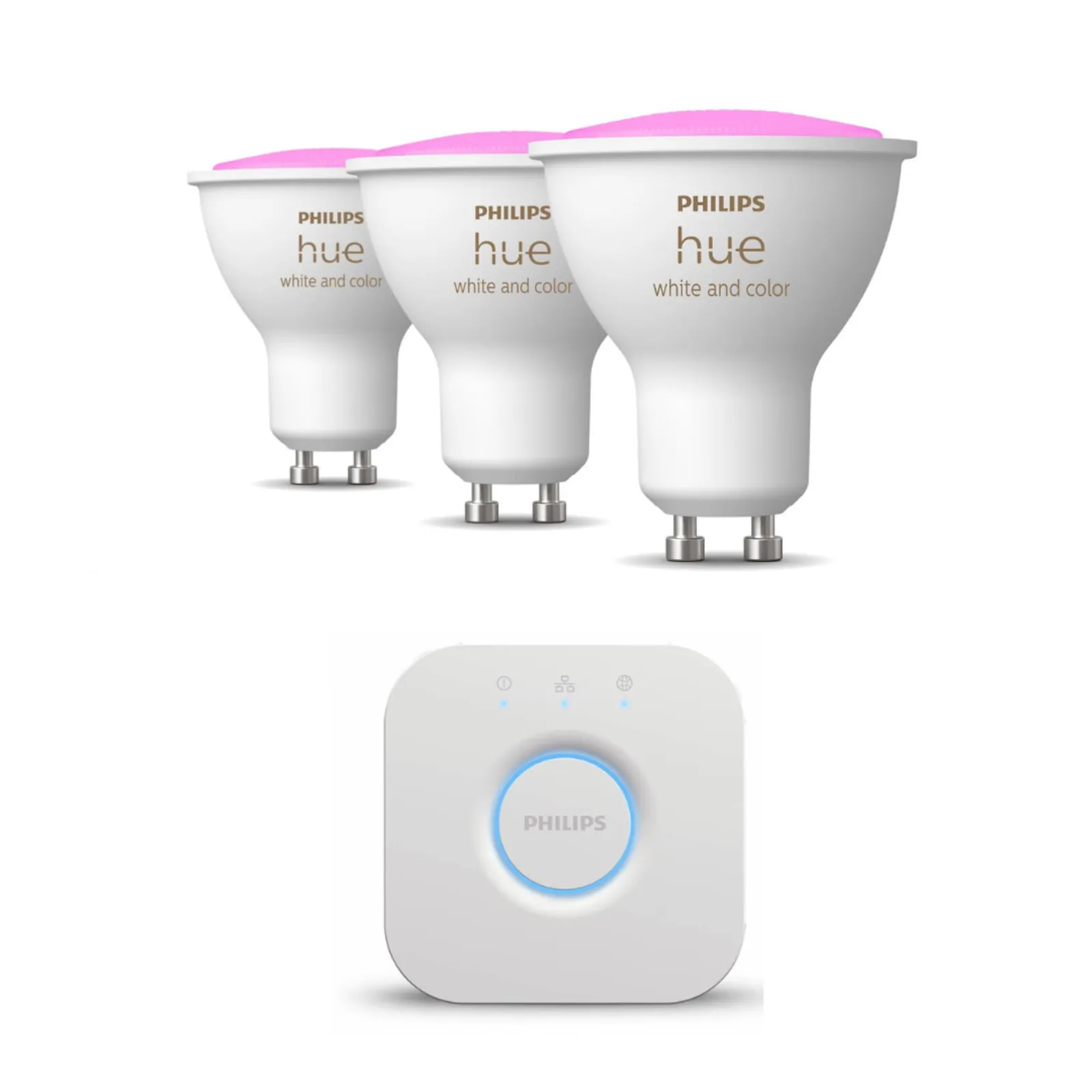 PI_337330999 Philips Hue White & Color Amb. GU10 350lm 3er Pack + Bridge V2 - Slika 1