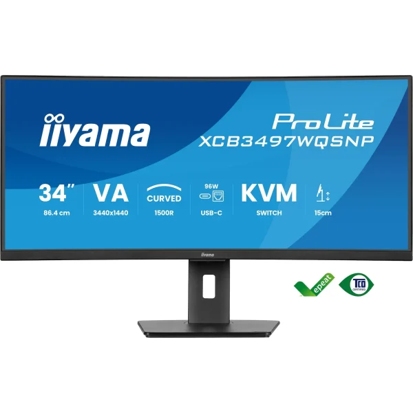iiyama ProLite XCB3497WQSNP-B1 86,4cm (34") WQHD VA Curved Office Monitor 21:9 HDMI/DP/USB-C PD95W 120Hz 0,4ms
