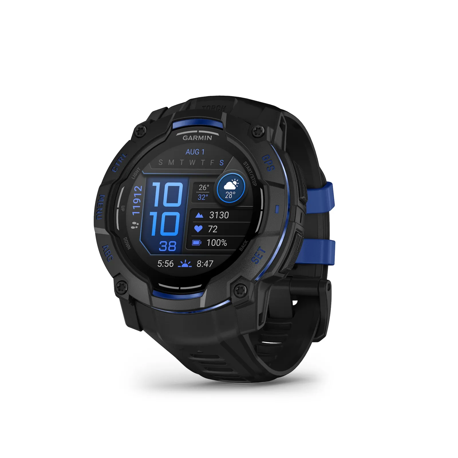 PI_731822872 Garmin Instinct® 3 – Instinct® 3 – 50 mm, AMOLED Schwarz mit Silikon-Wechselarmband 26 mm Bolt Blue - Slika 1