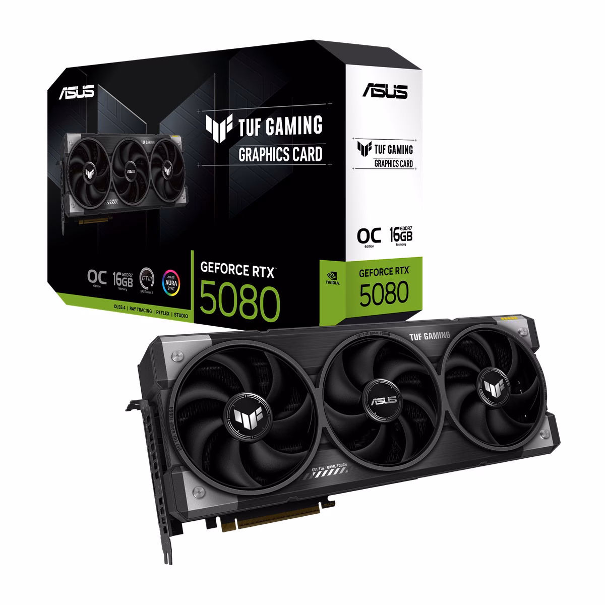 TUF-RTX5080-O16G-GAMING_box_with_card_c4fa ASUS TUF Gaming GeForce RTX 5080 OC - 16GB GDDR7, 2x HDMI, 3x DP - Slika 1