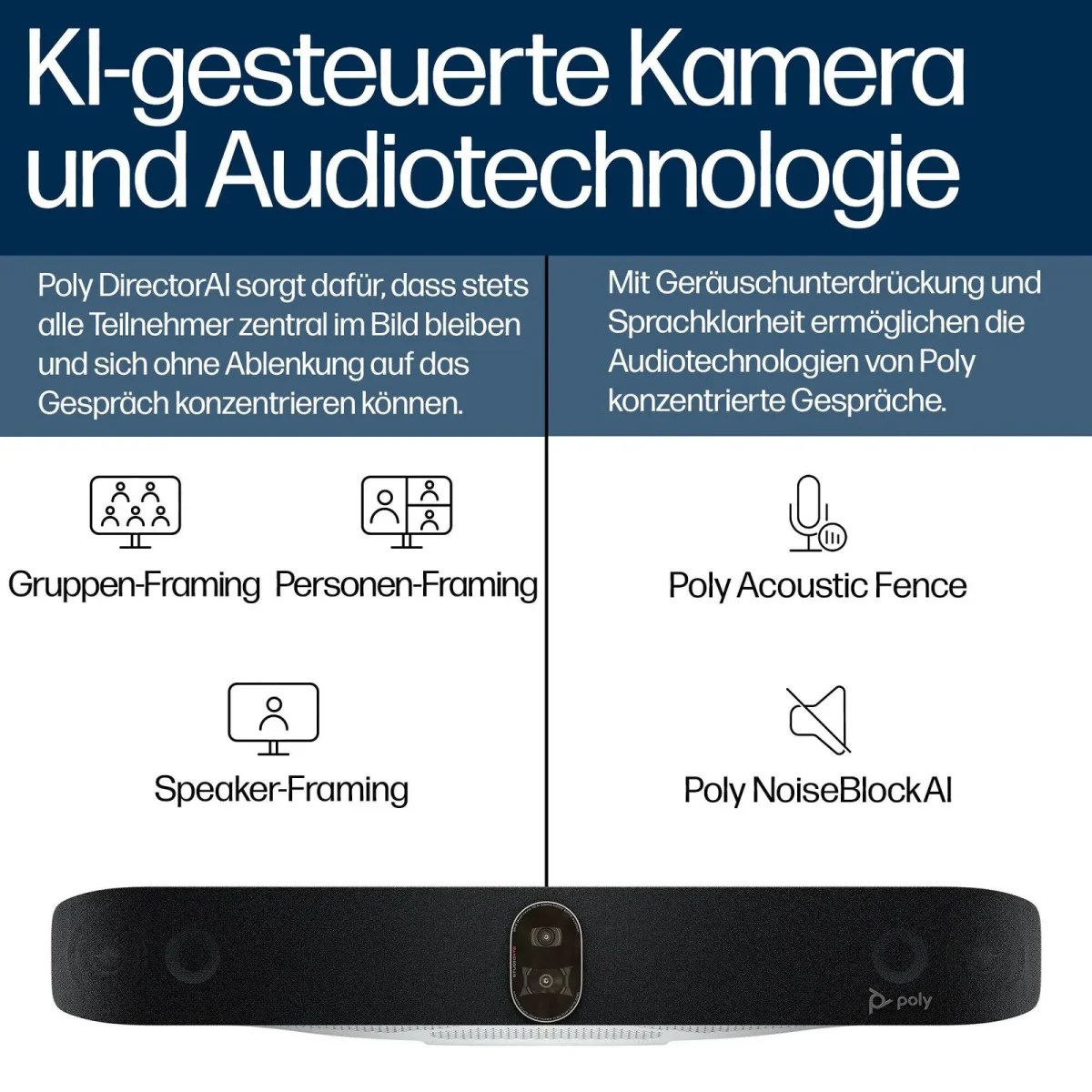 Poly Studio X72 All-In-One-Video-Bar (WiFi/BT 5.0), 7,3-fach Digitaler Zoom, inkl. TC10 Controller Kit - Slika 2