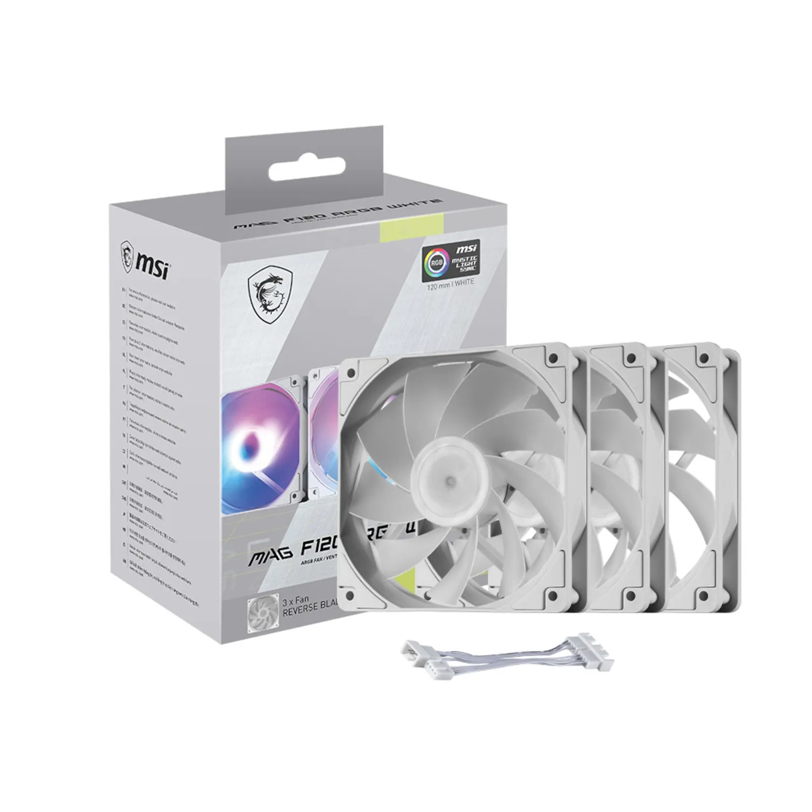 PI_787629336 MSI MAG F120 ARGB Reverse 120mm Lüfter weiß 3er Pack - Slika 1
