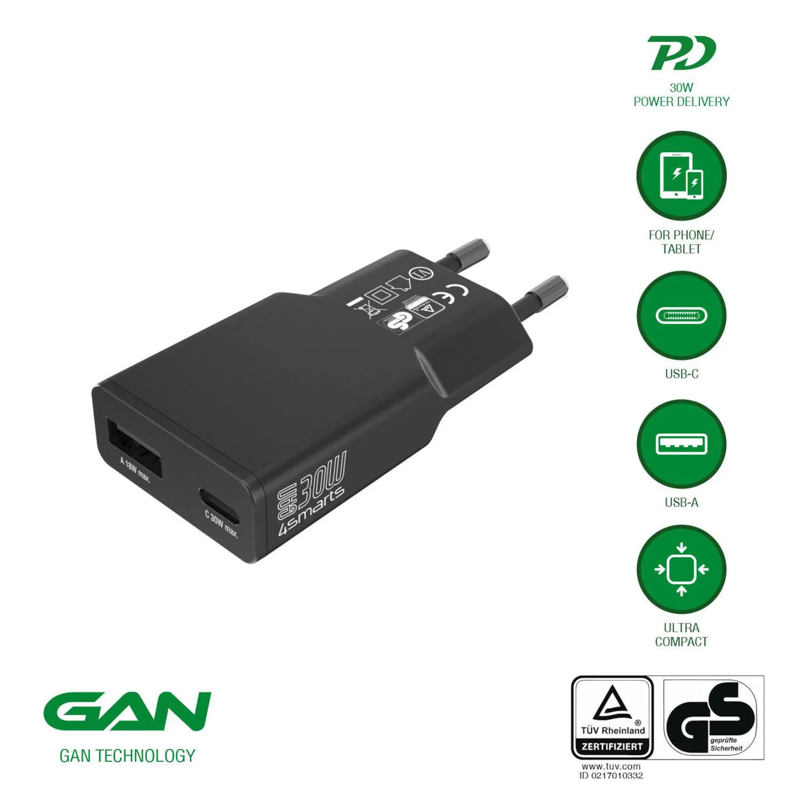 PI_778140228 4smarts Netzladegerät PDPlug Slim Duos 30W GaN 1C+1A, schwarz - Slika 1